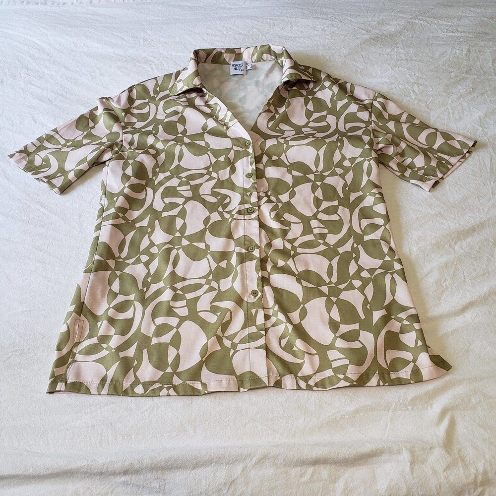 Princess Polly Button Up Blouse 1970s Style Women's Size 4 Pink Green Abstract